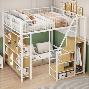Łóżko piętrowe metalowe dla dzieci - 140 x 200 cm - z szafą + półki + schody - drewno + metal - białe