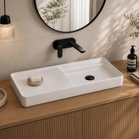 Umywalka ceramiczna nablatowa prostokątna biała z dużą półką na mydło 76 x 40 cm GERA