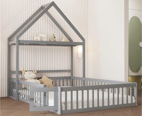 Łóżko dziecięce domek 140x200cm z litego drewna - z wieszakiem na ubrania - Szare