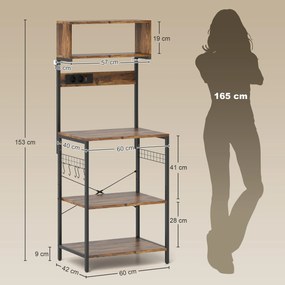 HOMCOM Regał kuchenny, regał stojący z 5 hakami S, 5 półkami, gniazdko, stalowy, Rustykalny brąz, 60 x 42 x 153 cm