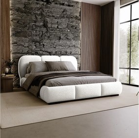 BESILIO Łóżko z pojemnikiem i stelażem 160x200 Holi- łóżko podwójne tapicerowane, tkanina boucle, baranek - Biały