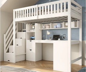 Łóżko na antresoli 90x200 cm - drabina z pojemnikami - z biurkiem i 2 szufladami - lite drewno + płyta wiórowa - Biały​ (bez materaca)