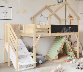 Łóżko mezzanine 90x200cm z drewna - z tablicą do pisania i schodami do przechowywania - Naturalne