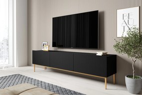 Szafka RTV Nicole 200 cm na metalowych nogach z szufladą - czarny mat / złote nóżki
