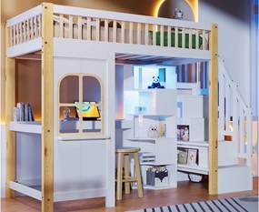 Łóżko na antresoli 90x200 cm - z oświetleniem LED - z drabiną schowkową - z biurkiem + gniazdkiem - kolor biały + naturalny (materac nie jest dołączony)