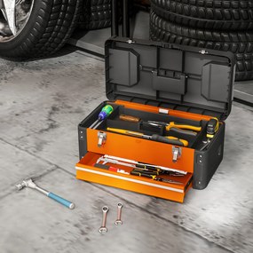 HOMCOM Pusta Skrzynka na Narzędzia, 49,7 x 25,3 x 23 cm, z Szufladą, Mini-Boxem, Stalowe, Pomarańczowe