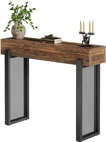 105 cm Drewniany stolik konsolowy ze schowkiem, industrialny mały stolik do przedpokoju z metalowymi nogami z siatki