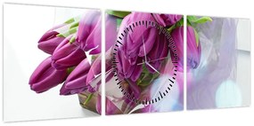 Obraz - bukiet tulipanów (z zegarem) (90x30 cm)