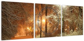 Obraz - Zaśnieżony park (z zegarem) (90x30 cm)