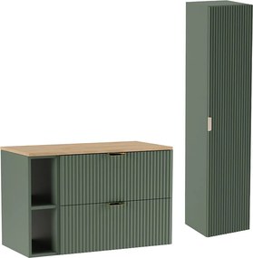 Zielony Zestaw Łazienkowy 100cm Szafka Blat Orzech Regał Słupek Ryflowane Fronty