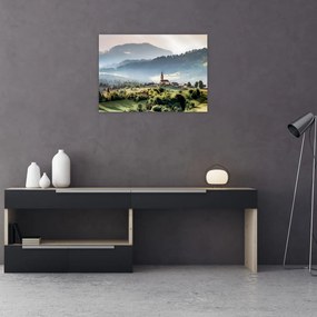 Obraz na szkle - wieś we mgle (70x50 cm)