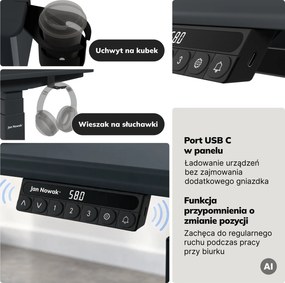 Biurko elektryczne z regulacją wysokości ergonomiczne antracytowe,1600x800 mm: ARIA