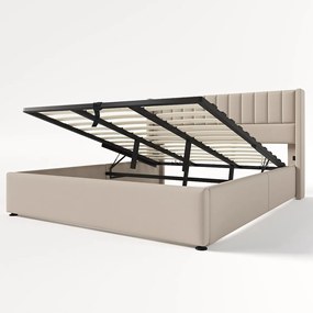 Łóżko tapicerowane ze schowkiem - 180 x 200 cm - z zagłówkiem + hydrauliczny schowek - len - beż