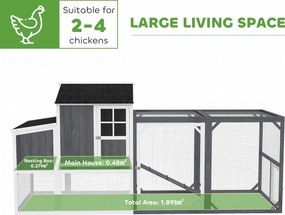 PawHut Kurnik z wybiegiem dla 3-4 kur, 3-częściowe gniazdo, 1,9 m² powierzchni, drewno jodłowe, szary