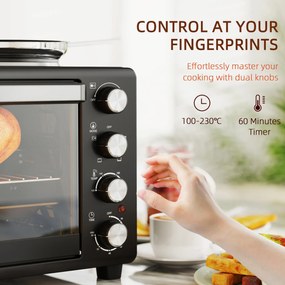 HOMCOM 28 L Mini Piekarnik, Kompaktowy Piekarnik do Gotowania i Grillowania, Elektryczny Piec z Blachą, Rusztem, 2600W - Czarny