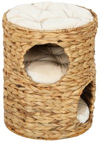 PawHut Drapak 50 cm, 2 jaskinie, poduszka, beczka dla kota z hiacyntu wodnego, Jasnobrązowy