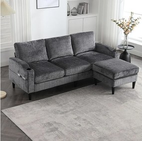 Szara sofa narożna - Sofa z podnóżkiem i schowkiem - Chenille - uchwyt na kubek i kieszeń