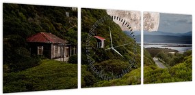 Obraz krajobrazu z księżycem (z zegarem) (90x30 cm)