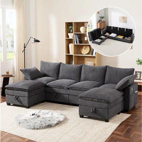 Modułowa sofa 6-osobowa z pojemnikiem na pościel + wyjmowany podnóżek + porty USB - 280 x 152 x 83 cm - Aksamit - szary