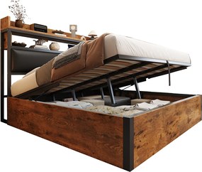 Łóżko 140 x 200 cm z pojemnikiem - Łóżko podwójne z zagłówkiem z funkcją ładowania USB i schowkiem - Czarne drewno