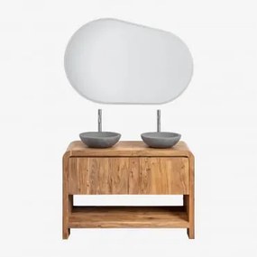 Zestaw Mebli Łazienkowych Z Drewna Vacry Akacja Brąz & 2 X Okrągły Szary Cement Ø40 Cm Tarsis & Owalna Lampa Led I Przeciwmgielna - Sklum