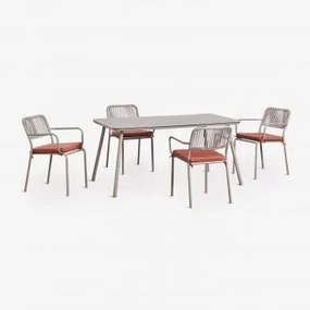 Zestaw Stołu Prostokątnego 160 X 90 Cm I 4 Sztaplowanych Krzeseł Jadalnianych Z Plecionej Liny Arhiza Brązowy Moka - Terakota - Sklum