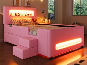łóżko pojedyncze 90x200 cm - z oświetleniem LED - ze schodkami - 1 szuflada i torba do przechowywania - Różowy (materac nie jest wliczony w cenę)