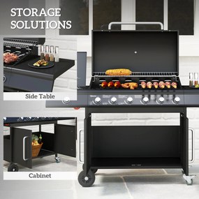 Outsunny Grill Gazowy na Kółkach z Przeszklonym Magazynkiem, Boczny Stół, Boczny Palnik, Półka Grzewcza, Termometr, Stal Nierdzewna, Czarny