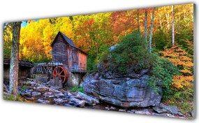 Szkło Ozdobne do Kuchni Zabytkowy Młyn w Jesiennym Lesie