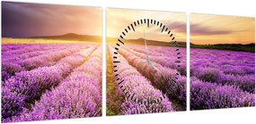 Obraz - Wschód słońca na polu lawendy (z zegarem) (90x30 cm)