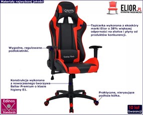 Czarno-czerwony fotel gamingowy z poduszkami - Morena