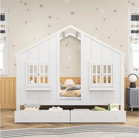 Rama łóżka dziecięcego 90×200 cm z litego drewna w kolorze białym z 2 szufladami