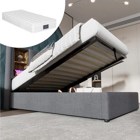 Łóżko tapicerowane ze schowkiem - 90 x 200 cm - Materac + Zagłówek z USB - Tkanina bawełniana - Szary