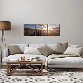 Obraz molo, plaży i morza (z zegarem) (90x30 cm)