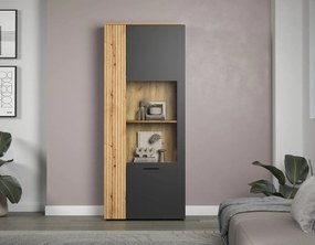 Wysoka witryna z lamelami grafit + dąb evok E0-B65