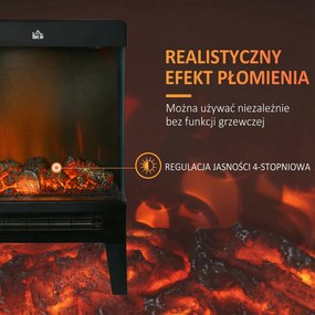 HOMCOM Elektryczny kominek, 2000 W, Wolnostojący kominek z ogrzewaniem Effekt płomieni LED 3D, 4 poziomy jasności, Elektryczny kominek z termostatem, Ochrona przed przegrzaniem, Czarny