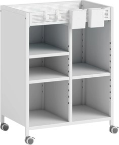 HOMCOM Regał na książki na kółkach, 4-poziomowy, regulowane półki i wiszące kosze do salonu i biura, biały | Aosom PL