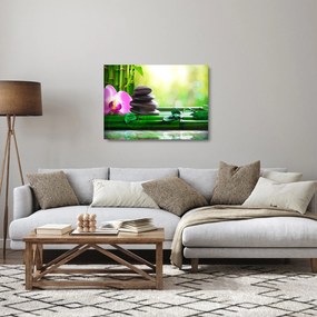 Obraz na szkle - kamienie do masażu i storczyki na wodzie (70x50 cm)