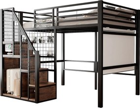 Łóżko mezzanine dla dzieci 140x200cm - z drabiną bezpieczeństwa i schowkami - Czarne