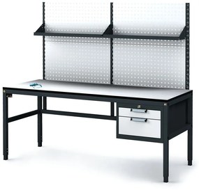 Antystatyczny stół warsztatowy ESD z panelem perforowanym i półkami, 2 skrzynki szufladowe na narzędzia, 1800 x 800 x 745-985 mm