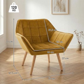 HOMCOM Fotel tapicerowany, Fotel akcentowy, Design skandynawski, Wygląd aksamitny, Do 120 kg, Nogi z drewna kauczukowego, Żółty