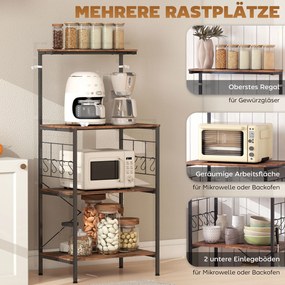 HOMCOM Regał kuchenny, 4-poziomowy design, powierzchnia robocza, 8 haczyków, metalowe rury, brązowy+czarny
