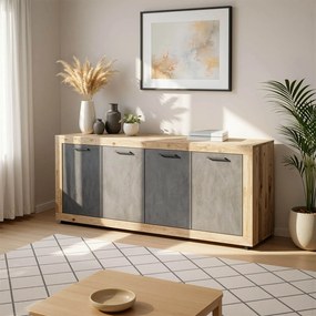 Komoda Czterodrzwiowa BLAGO 180 cm Czarny/Surowy Dąb Loft