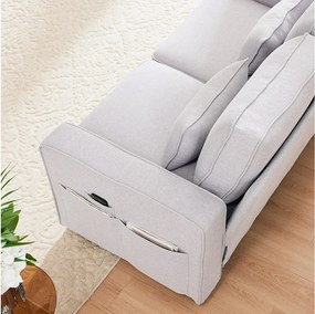 Sofá de 4 lugares - 290 x 83 x 88 cm - com 2 porta-copos, 2 portas USB, 2 bolsos e 4 almofadas - Tecido de linho - Cinza