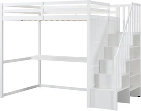 Łóżko antresola 140 x 190 cm - Sosna i MDF - Białe - Z biurkiem - MENIZI