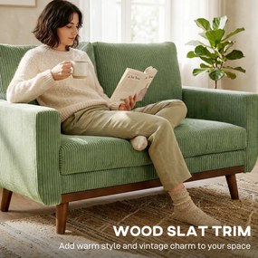 HOMCOM 2-osobowa sofa, 134 cm, sztruksowa kanapa z kieszeniowymi sprężynami, grubym oparciem, drewnianymi akcentami, zielona | Aosom PL