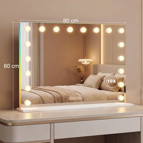 HOMCOM Hollywoodzkie lustro do makijażu z 18 regulowanymi żarówkami LED, 3 kolory, światło RGB, głośnik Bluetooth, 10-krotne powiększenie Białe | Aosom PL