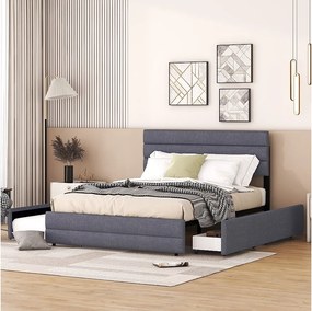 Łóżko wysuwane 140x200 cm - Łóżko małżeńskie z 2 szufladami i regulowanym zagłówkiem - len szary - materac nie jest wliczony w cenę