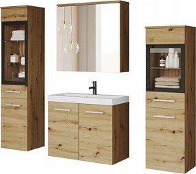 Meble łazienkowe, zestaw wiszący do łazienki z umywalką, 2 słupkami i szafką lustrzaną, dąb artisan mat