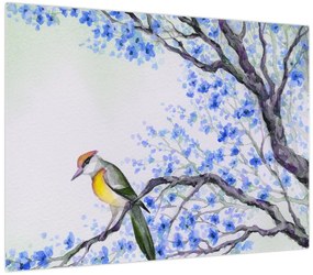 Obraz - ptak na drzewie z niebieskimi kwiatami (70x50 cm)